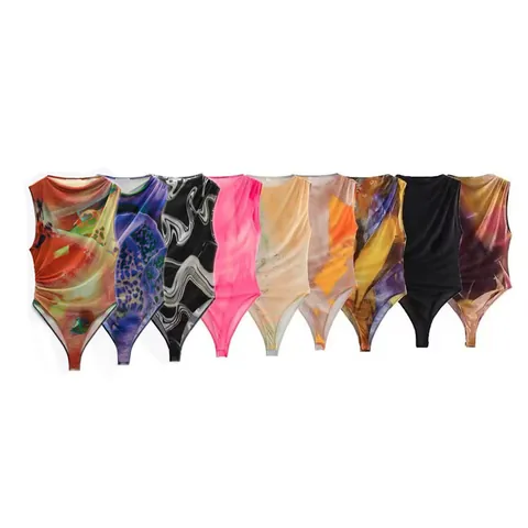 Women Sexy Mesh Bodysuit Ruched Side Sleeveless Round Neck Slim Jumpsuit Abstract Floral Print Mesh Leotard Top