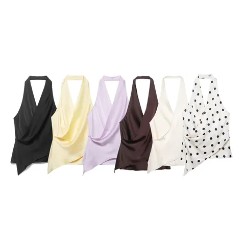 Western Style Sexy Halter Neck Satin Texture Wrap Top Women Asymmetric Hem Backless Sleeveless Cowl Neck Crossover Party Top