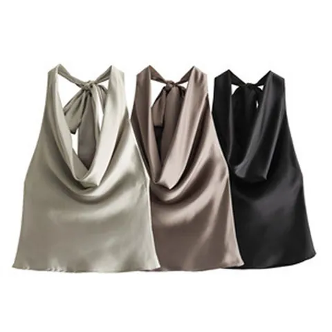 Top all'Americana Donna Texture Satina Collo a Cappuccio Schiena Scoperta Laccio Camicetta Senza Maniche Tinta Unita Slim Fit Top