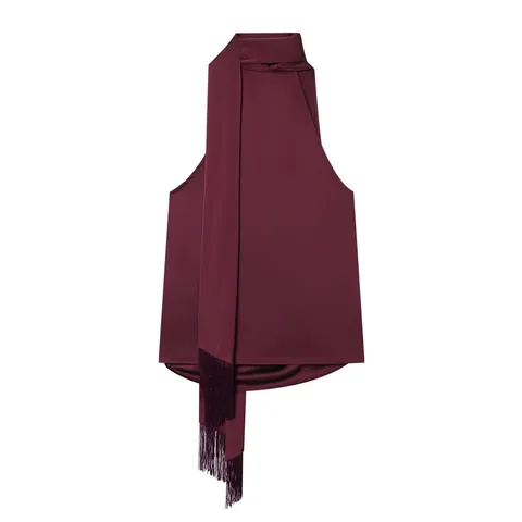 Top da Donna Sexy Scollo all'Americana in Satin di Poliestere Rosso Vino Senza Maniche con Scollo a Sciarpa e Nappe per Festa