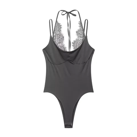 Women Halter Neck Sleeveless Bodysuit Lace Patchwork Sexy Slim Fit Polyester Jumpsuit Top For Summer Party Casual Wear