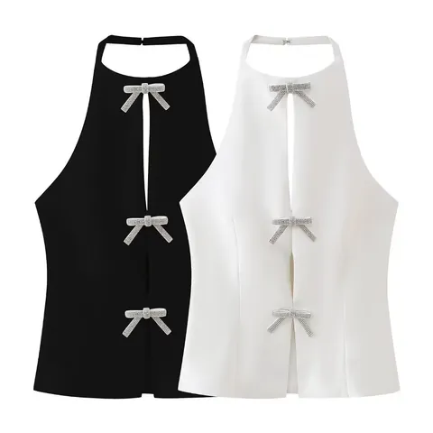 Women Halter Neck Top With Rhinestone Bow Detail Sexy Backless Summer Jewelry Bow Halter Top Polyester Sleeveless Shirt
