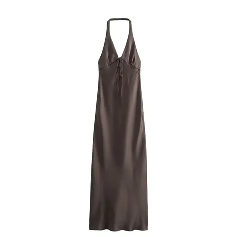 Vestido Maxi de Mujer Cuello Halter en V Espalda al Aire Textura de Satén Sexy Decoración de Lazo Estilo Lencería Sin Mangas Color Sólido