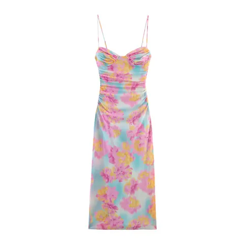 Femmes Sexy Imprimé Floral Robe Midi en Maille Plissée Fines Bretelles Bodycon Été Plage Soirée Club Tenues Slim Vestidos