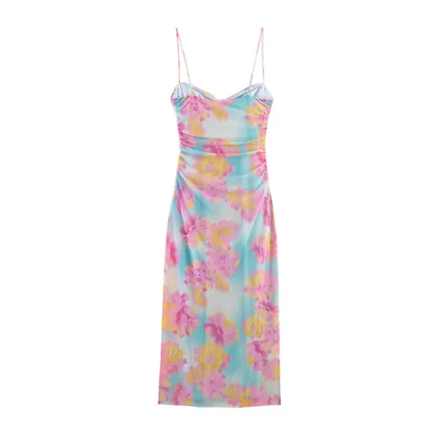 Femmes Sexy Imprimé Floral Robe Midi en Maille Plissée Fines Bretelles Bodycon Été Plage Soirée Club Tenues Slim Vestidos