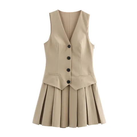 Women's European Fashion Sleeveless V-Neck Pleated Midi Dress Pinstripe Button Vest Dress 2025 Spring Summer Casual Wear