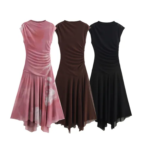 Women Sexy Ruched Mesh Midi Dress Sleeveless Round Neck Asymmetrical Hem Polyester Tie-Dye Print Bodycon Dress Fashion