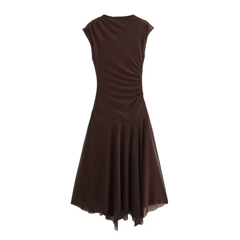 Women Sexy Ruched Mesh Midi Dress Sleeveless Round Neck Asymmetrical Hem Polyester Tie-Dye Print Bodycon Dress Fashion