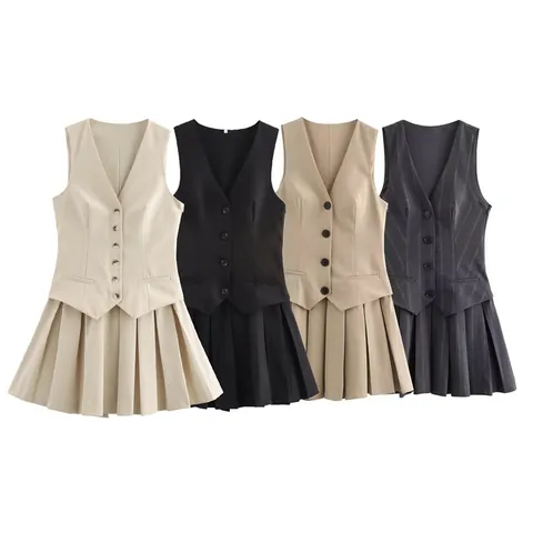 Women's European Fashion Sleeveless V-Neck Pleated Midi Dress Pinstripe Button Vest Dress 2025 Spring Summer Casual Wear