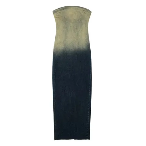 Vestito Midi in Denim a Fascia Vintage da Donna Lavato Distressed Blocchi di Colore Slim Fit Vestito con Spacco