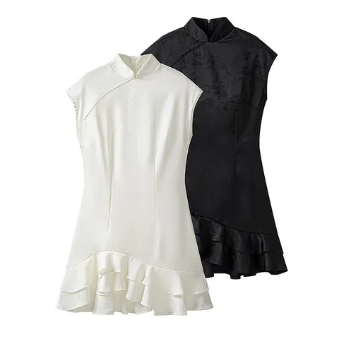 Women Sexy Slim Fit Sleeveless Dress Stand Collar Ruffle Hem Modified Cheongsam European Style Jacquard Woven Bodycon Dress
