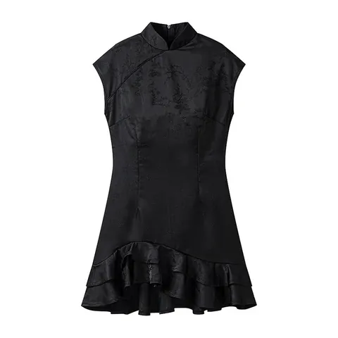 Women Sexy Slim Fit Sleeveless Dress Stand Collar Ruffle Hem Modified Cheongsam European Style Jacquard Woven Bodycon Dress