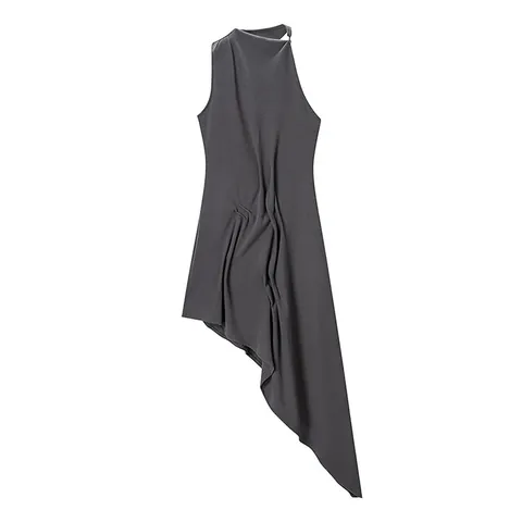 Vestido Largo de Mujer Sexy Sin Mangas Asimétrico Fruncido de Punto Moda Europea Calado Ajustado Color Sólido Vestido de Noche de Fiesta