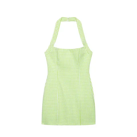 Women Summer Halter Neck Green Gingham Mini Dress Slim Fit Sleeveless Polyester Backless Bodycon Holiday Party Dress