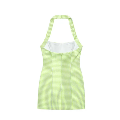 Women Summer Halter Neck Green Gingham Mini Dress Slim Fit Sleeveless Polyester Backless Bodycon Holiday Party Dress