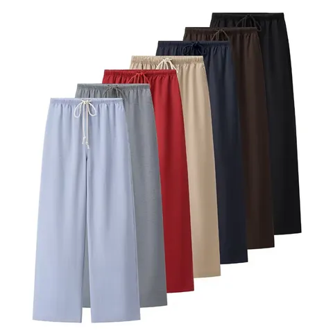 Women's Vintage Casual Wide Leg Pants Polyester Commuter Solid Color Drawstring Mid-Rise Straight Trousers For Autumn