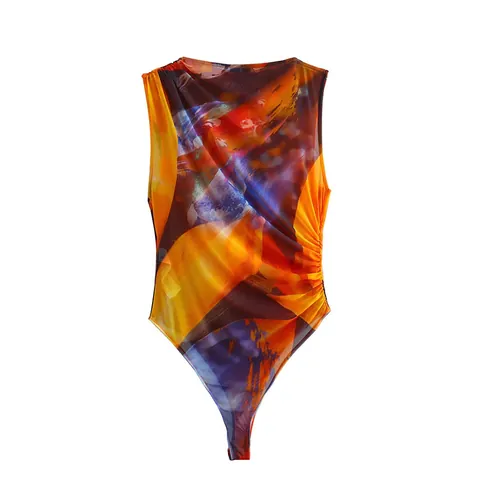 Women Sexy Mesh Bodysuit Ruched Side Sleeveless Round Neck Slim Jumpsuit Abstract Floral Print Mesh Leotard Top