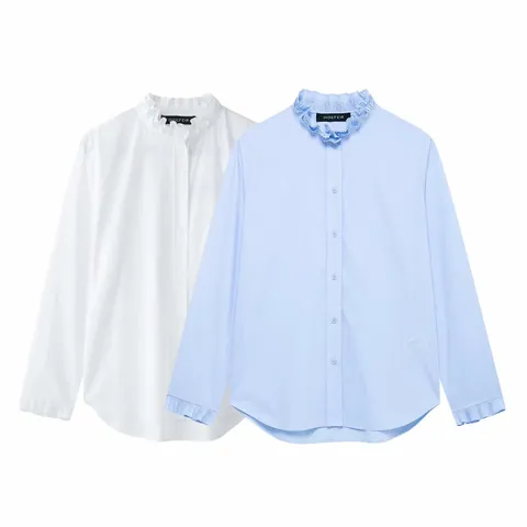 Dames Layered Ruffle Opstaande Kraag Lange Mouw Overhemd Elegant Single Breasted Polyester Blouse Casual Effen Kleur Top