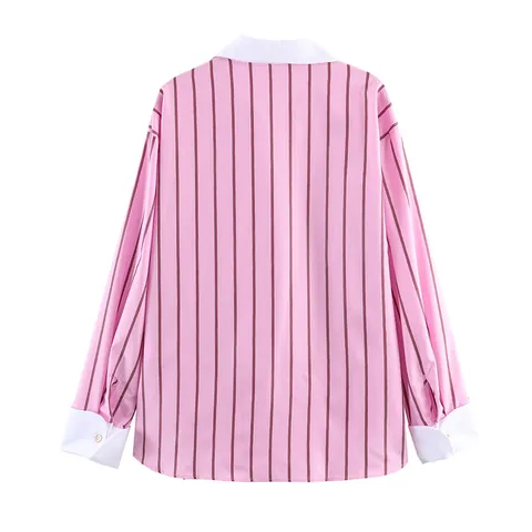 Women Striped Shirt Contrast Collar And Cuffs Loose Casual Long Sleeve Polyester Printed Blouse Top For Daily Wear