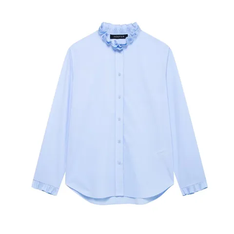 Dames Layered Ruffle Opstaande Kraag Lange Mouw Overhemd Elegant Single Breasted Polyester Blouse Casual Effen Kleur Top