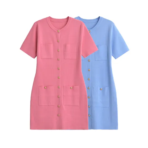 French Style Round Neck Short Sleeve Knit Mini Dress Slim Fit Single Breasted Bodycon Dress For Women Elegant Work Party Wear