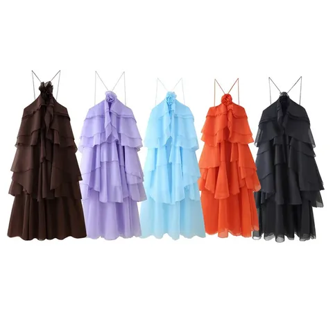 Women Maxi Dress Halter Neck 3D Floral Decoration Tiered Ruffle Patchwork Backless Sexy Summer Party Polyester Long Dress