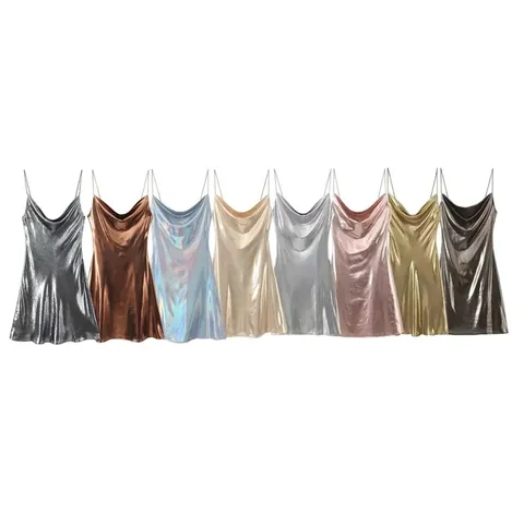 European Metallic Cowl Neck Spaghetti Strap Mini Dress Sexy Backless Slip Dress For Women Party Nightclub Solid Dress