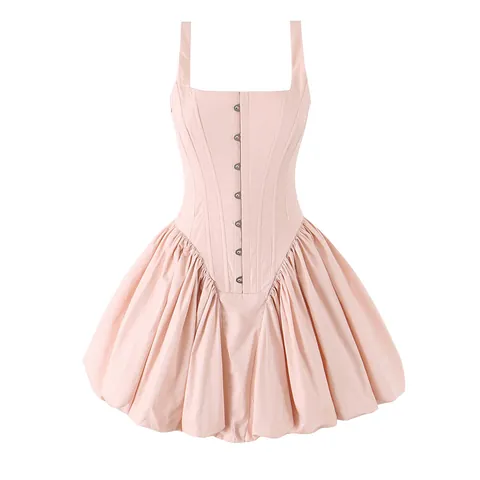 Women Western Style Boned Corset Mini Dress Summer Sleeveless Lace-up Bubble Hem Bodycon Short Dress Elegant Ladies Party Outfit
