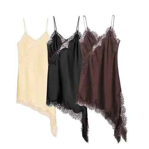 Vrouwen Sexy Kant Satijn Camisole Top Asymmetrische Zoom V-hals Rugloos Slim Fit Mouwloos Polyester Tank Top Zomer Dagelijks