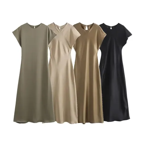 Vestido Midi Elegante con Textura de Satén para Mujer Sin Mangas Cuello Redondo Color Sólido Streetwear Casual Largo