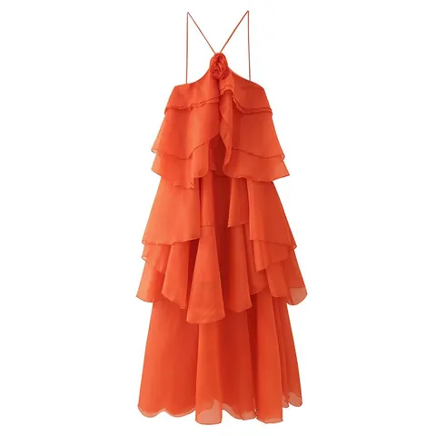 Women Maxi Dress Halter Neck 3D Floral Decoration Tiered Ruffle Patchwork Backless Sexy Summer Party Polyester Long Dress