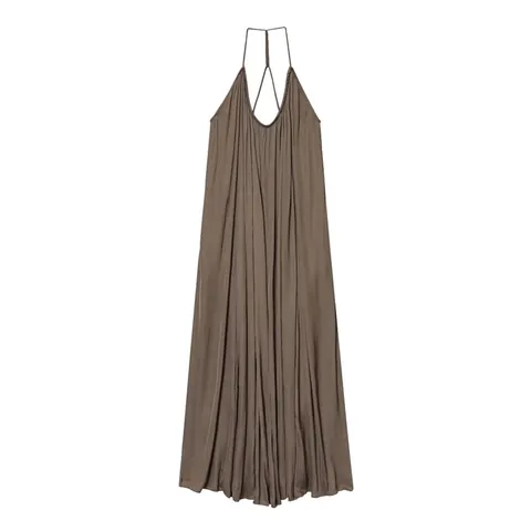 Robe Maxi en Satin Plissé Dos Nu pour Femme Slim Fit Fines Bretelles Robe de Soirée Sexy Robe Satinée Élégante Couleur Unie