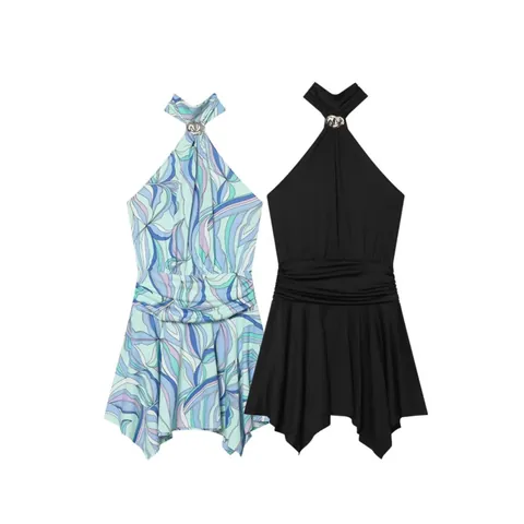 Women Halter Neck Flared Mini Dress Summer Sleeveless Swirl Print Ruched Sexy Backless Party Dress With Metal Buckle Decoration