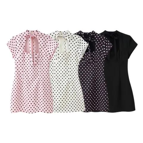 Women Sexy Hollow Out Bow Mini Dress European American Style Polka Dot Solid Short Sleeve Bodycon Party Clubwear Dresses