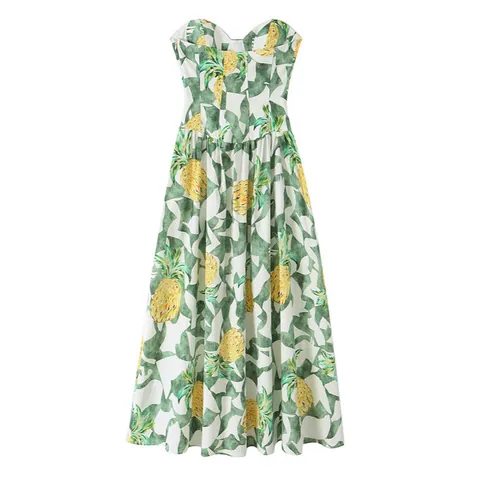 Women Sexy Sweetheart Neckline Pineapple Print Corset Midi Dress Tropical Fruit Pattern Sleeveless Slim Fit Vacation Party Dress