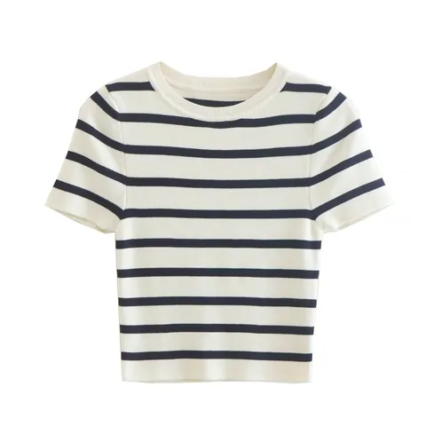 Women European Style Striped Round Neck Short Sleeve Cropped T-Shirt Knitted Slim Fit Pullover Top For Summer Daily