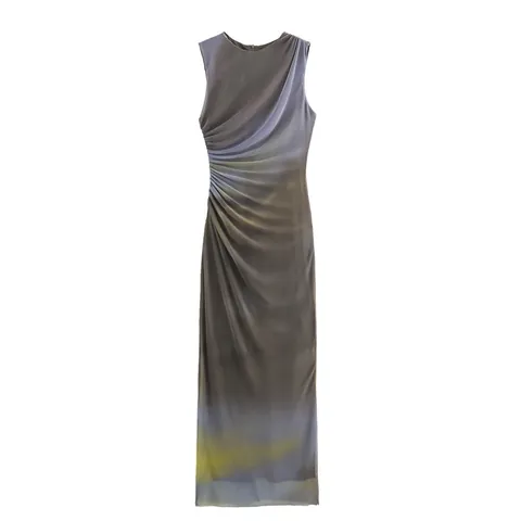 Vestido Midi de Mujer Verano de Poliéster con Estampado de Malla y Fruncido Sin Mangas Cuello Redondo Ajustado Sexy Streetwear