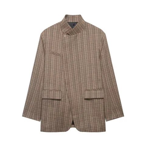 Women Plaid Blazer Elegant Lapel Suit Jacket Casual Long Sleeve Polyester Plaid Outerwear Office Lady Pocket Fashion Jacket