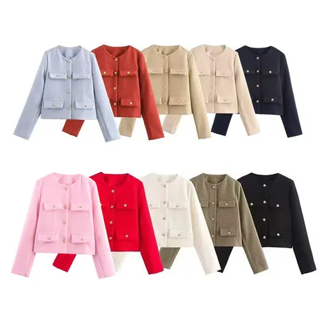 Chaqueta Blazer Elegante Estilo Tweed para Mujer Cuello Redondo Corto con Botones Metálicos Cuatro Bolsillos Casual Color Sólido Otoño Top