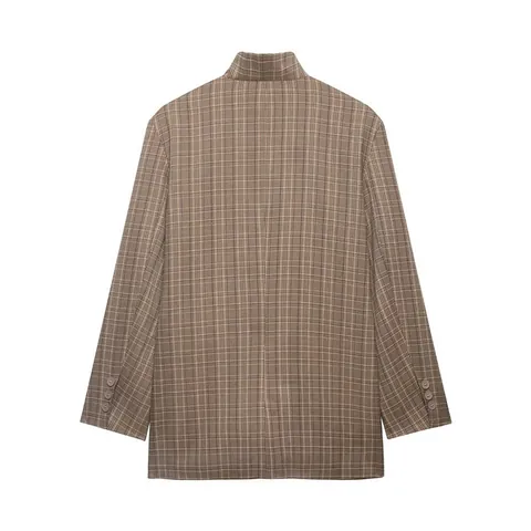 Women Plaid Blazer Elegant Lapel Suit Jacket Casual Long Sleeve Polyester Plaid Outerwear Office Lady Pocket Fashion Jacket