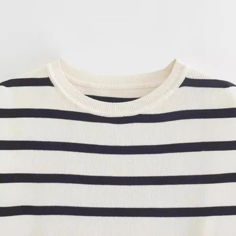 Women European Style Striped Round Neck Short Sleeve Cropped T-Shirt Knitted Slim Fit Pullover Top For Summer Daily
