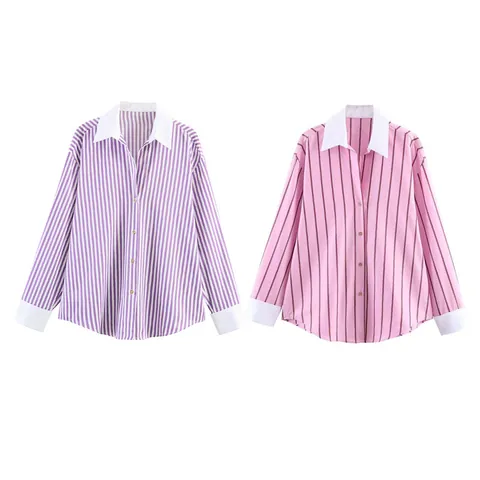 Women Striped Long Sleeve Shirt Polyester Casual Loose Fit Lapel Contrast Collar Printed Blouse Top For Daily Wear