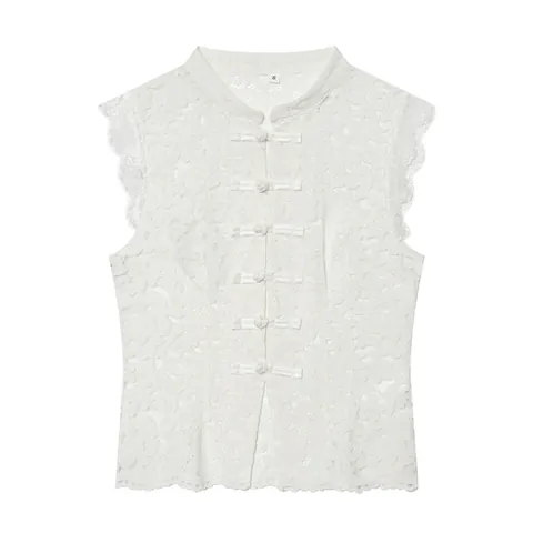 Top in Pizzo Senza Maniche da Donna Nuovo Stile Cinese Collo Alto Bottone a Rana Ricamo Floreale Traforato Gilet Aderente