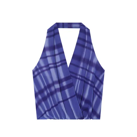 Women Summer Polyester Plaid Printed Halter Neck Backless Top Irregular Hem Handkerchief Skirt Two Piece Vacation Set