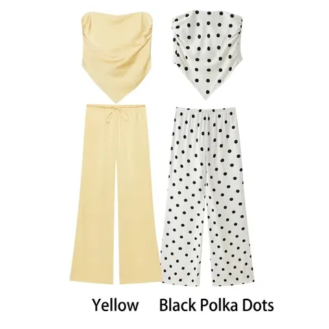 Women Sexy Scarf Hem Tube Top and Wide Leg Pants Satin Polka Dot Top And Bottom Vacation Streetwear Fashion Outfits