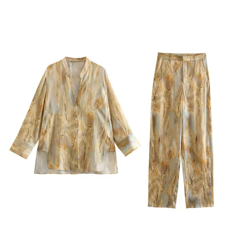 Women's Satin Tie-Dye Print Shirt And Straight Leg Pants Set Casual Marble Pattern Blouse And Trousers Streetwear