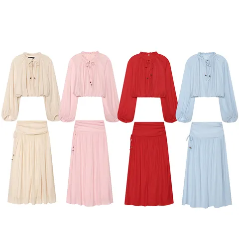 Women Casual Long Sleeve Ruffle Stand Collar Blouse And Pleated Midi Skirt Set Elegant Solid Color Matching Outfit