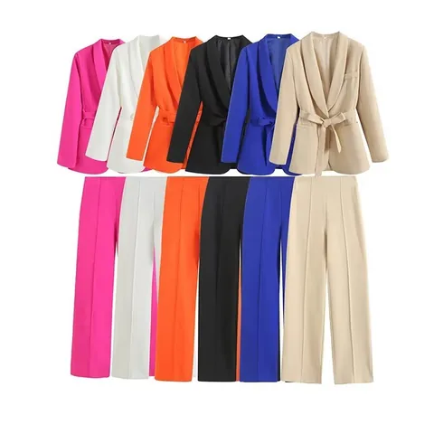 Damen Zweiteiler Anzug Casual Schalkragen Bindegürtel Blazer Jacke Und Weites Bein Hose Set Einfarbig Business Office Top And Bottom