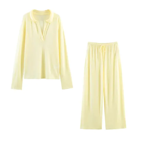 Damen Casual V-Ausschnitt Langarm POLO Hemd Und Weites Bein Lange Hose Polyester Drapierung Einfarbig Zweiteiler Anzug