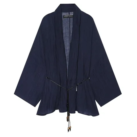 Women's Semi-Sheer Crinkle Effect Casual Set Kimono Style Tie-Up Top And Wide-Leg Pants Two-Piece Suit For Summer Vacation